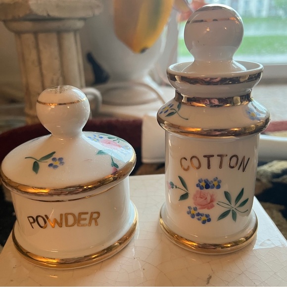Vintage Apothecary Jars Hand Painted Floral Gold Accent Powder Cotton Containers - Picture 7 of 12